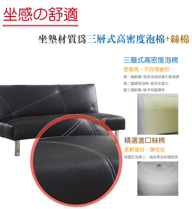 品家居 芭爾透氣黑皮革展開式沙發床-179x94x95cm-免組