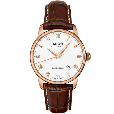 MIDO Baroncelli 玫瑰金機械皮帶錶-38mm