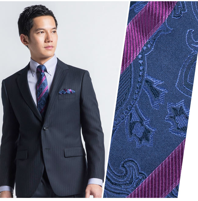 極品西服 100%絲質口袋方巾_藍紫斜紋