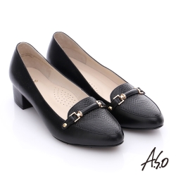 A.S.O 優雅美型 壓紋真皮飾釦樂福中跟鞋 黑色