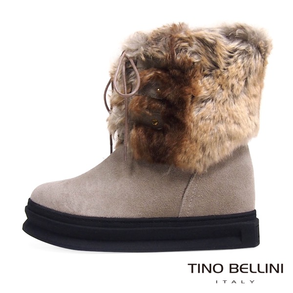 Tino Bellini 愛斯基摩混色兔毛厚底綁帶雪靴_淺駝