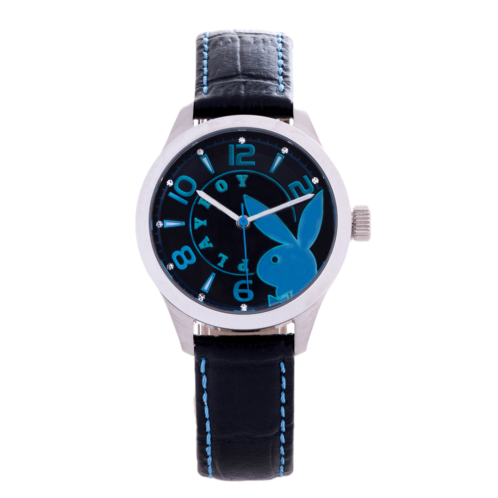 PLAYBOY 奪目時尚腕錶 黑皮革+銀框 黑X藍/35mm