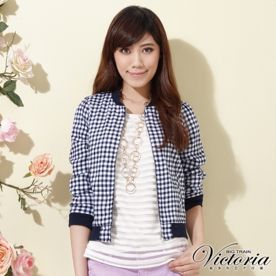 Victoria 格紋短版小外套-女-藍白