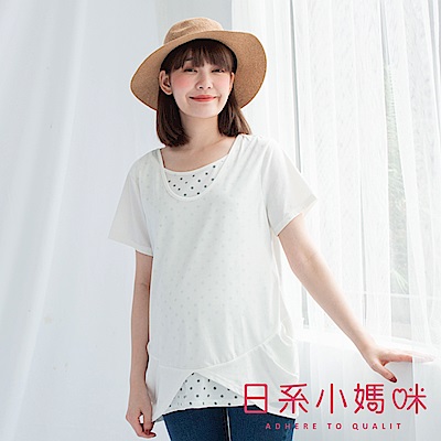 日系小媽咪孕婦裝-哺乳衣~假二件素面拼接點點側抓皺上衣 (共三色)
