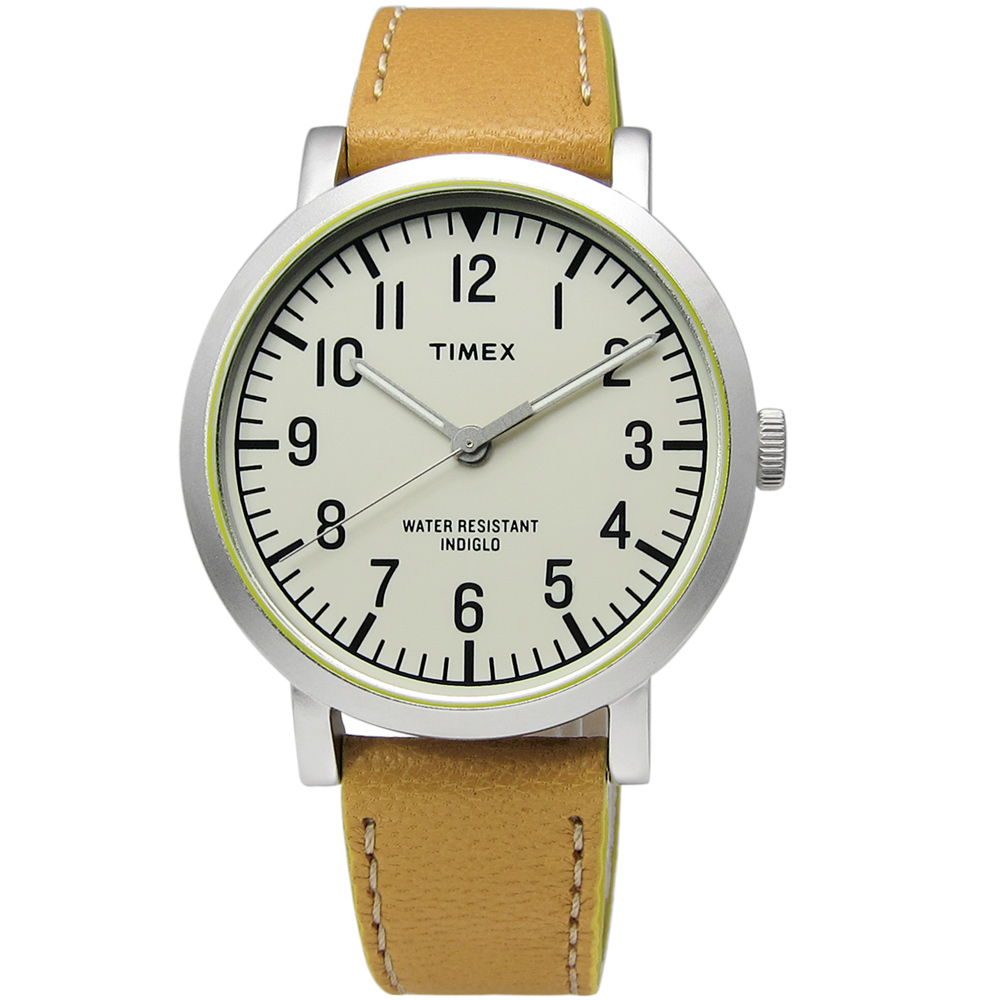 TIMEX 天美時 INDIGLO 美國指標復古年華真皮手錶-駝x黃/42mm