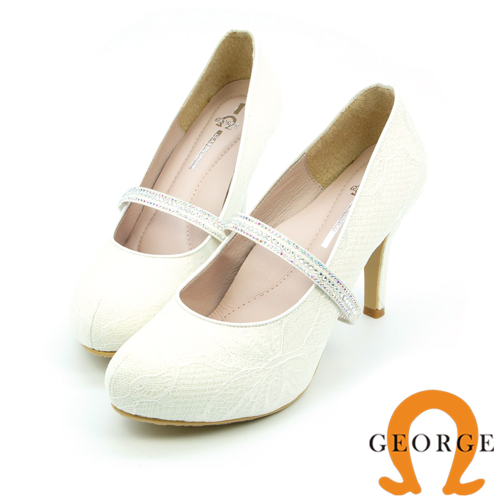 GEORGE-婚鞋系列-法式蕾絲可拆水鑽鬆緊帶真皮高跟鞋-白色