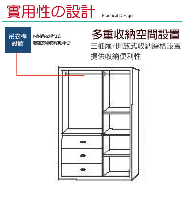 品家居 伊亞恩4尺淺胡桃木紋四門三抽衣櫃-120x56x202cm免組