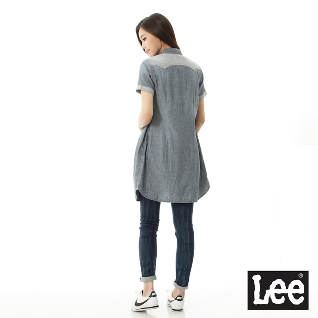 Lee 牛仔短袖長板襯衫/洋裝101+-女-藍