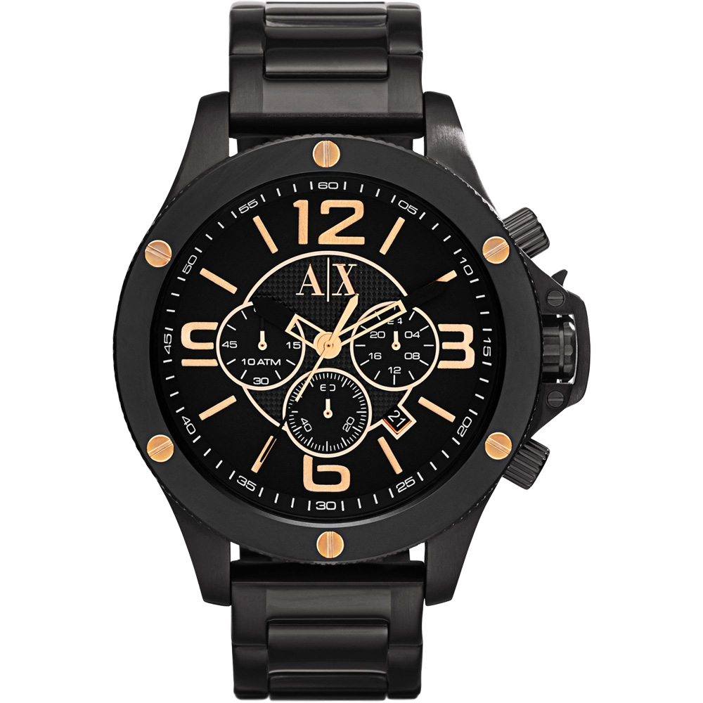A│X Armani Exchange 重裝軍式風格計時腕錶-黑x玫瑰金時標/48mm
