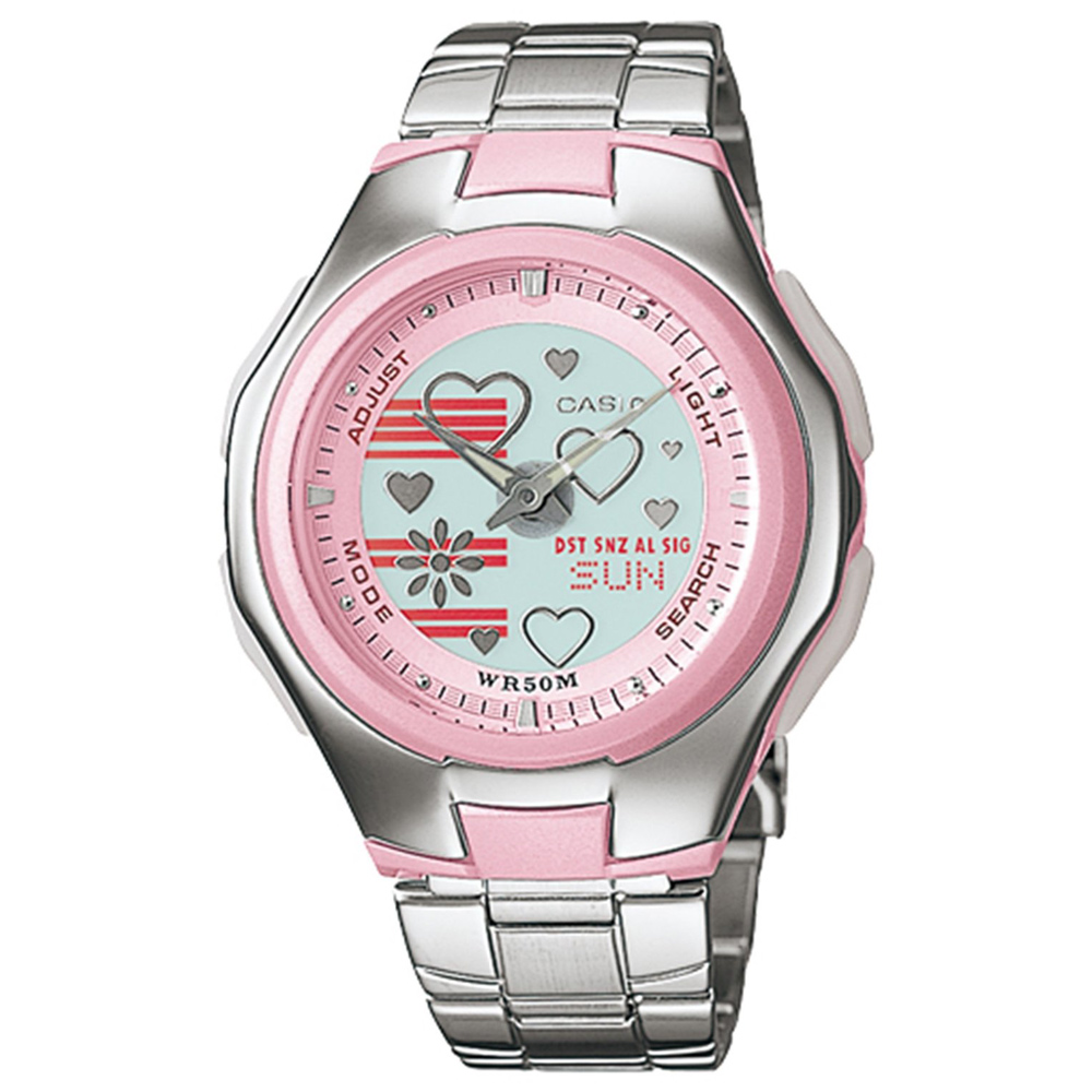 CASIO Popton系列 蜜桃甜心雙顯鋼帶錶(LCF-10D-4A)