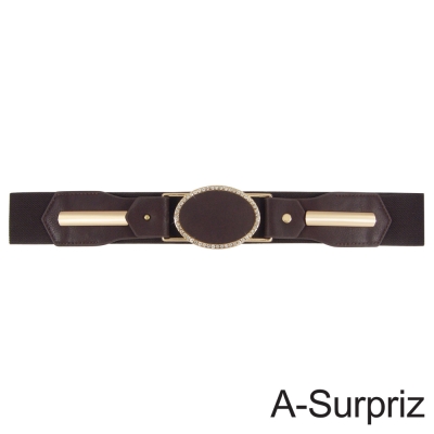 A-Surpriz  橢圓晶鑽金屬扣環彈性腰帶(深咖)