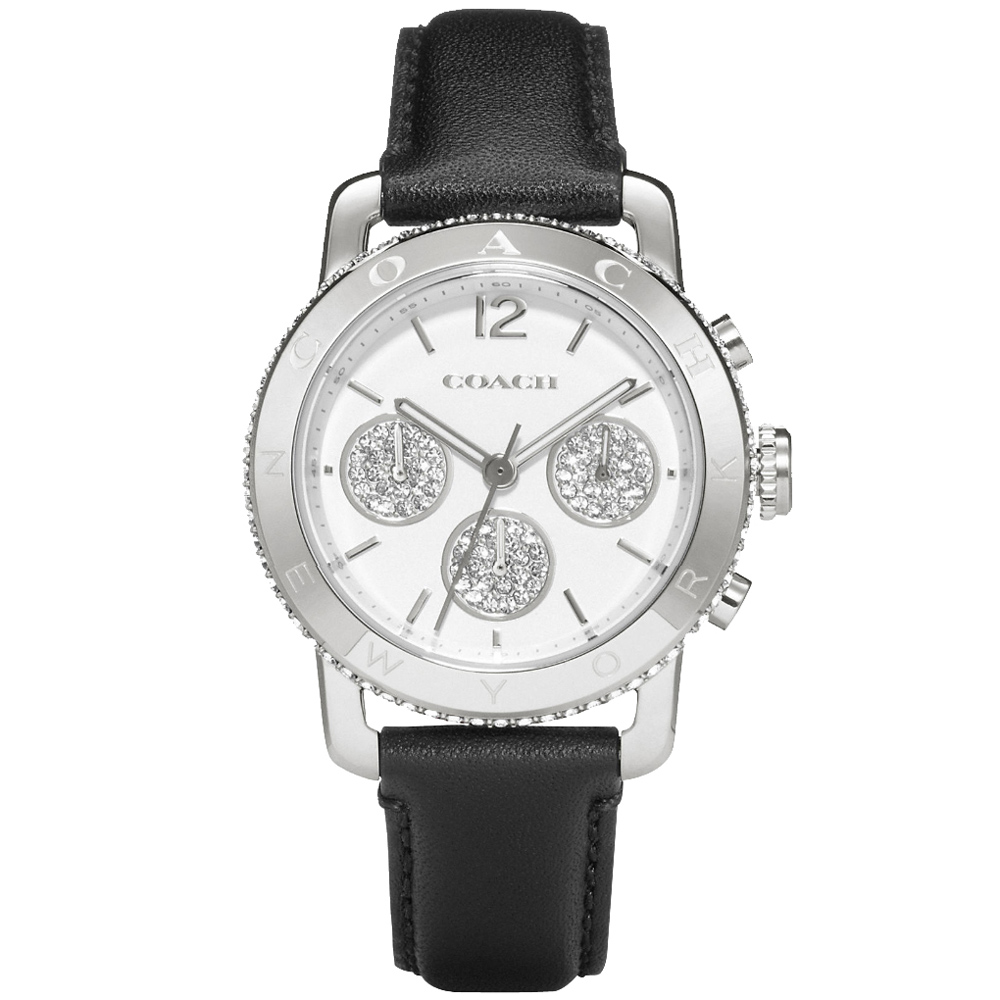 COACH Legacy 晶豔之美三眼休閒腕錶-銀x黑色錶帶/36mm