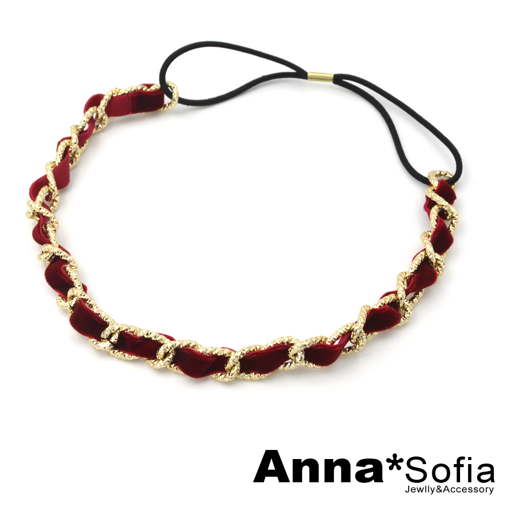 AnnaSofia 穿繞鎖鏈絨緞 彈性細髮帶(酒紅色)