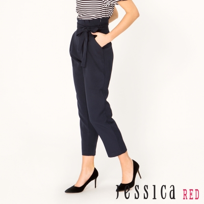 JESSICA RED-俐落打摺綁帶修身長褲(藍)