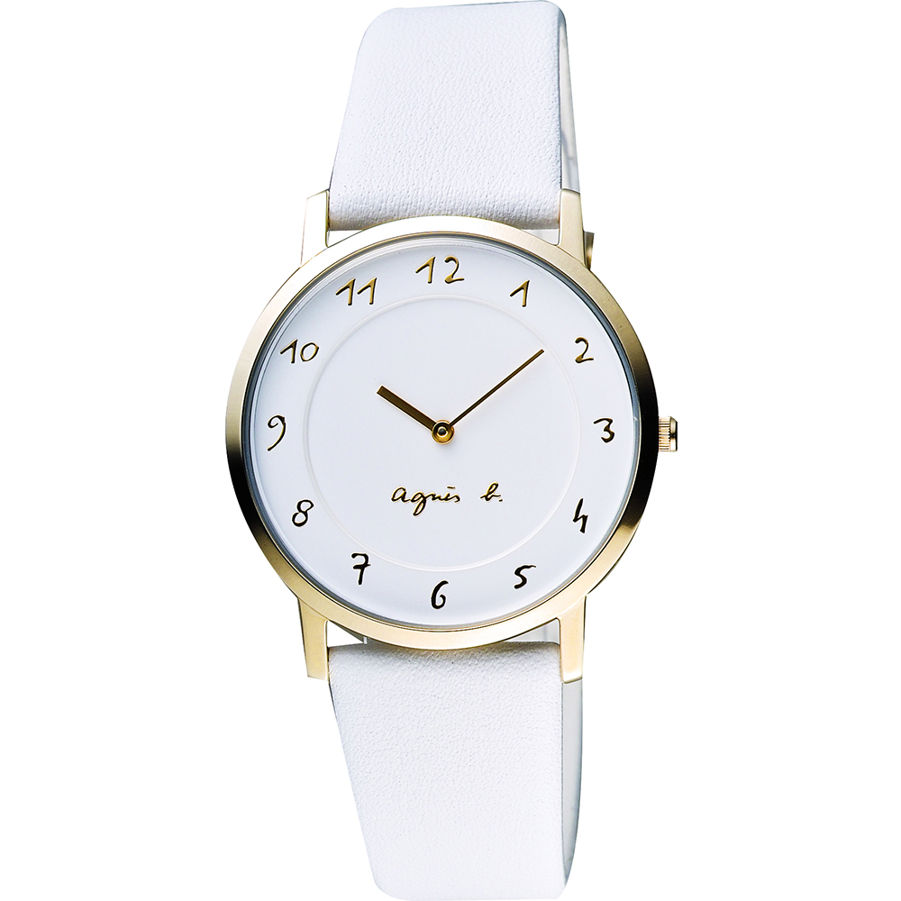 agnes b. 法國時尚藝術薄型石英女錶(BG4016P1)-白x金框/34mm