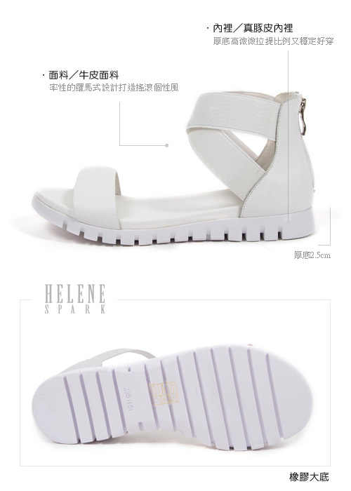 涼鞋 HELENE SPARK搖滾羅馬式鬆緊帶牛皮厚底涼鞋－白