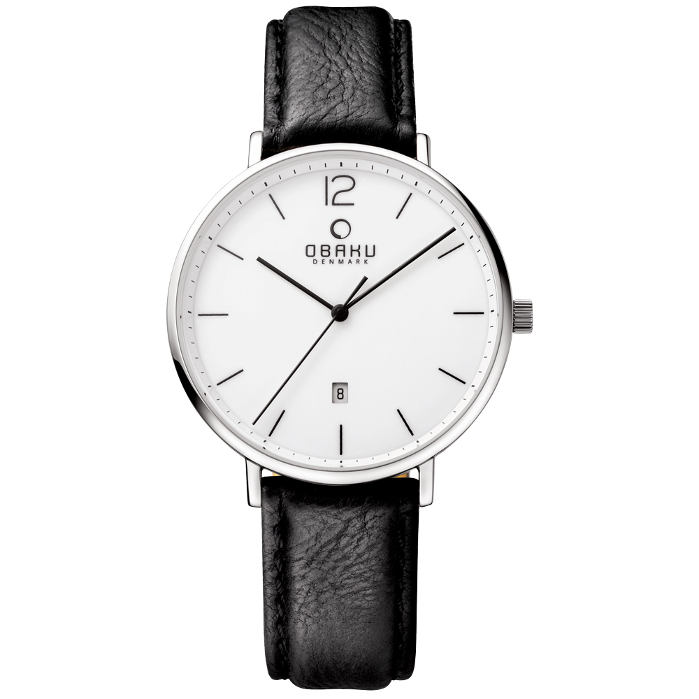 OBAKU 極致簡約時尚日期腕錶-銀框X皮帶黑/39mm