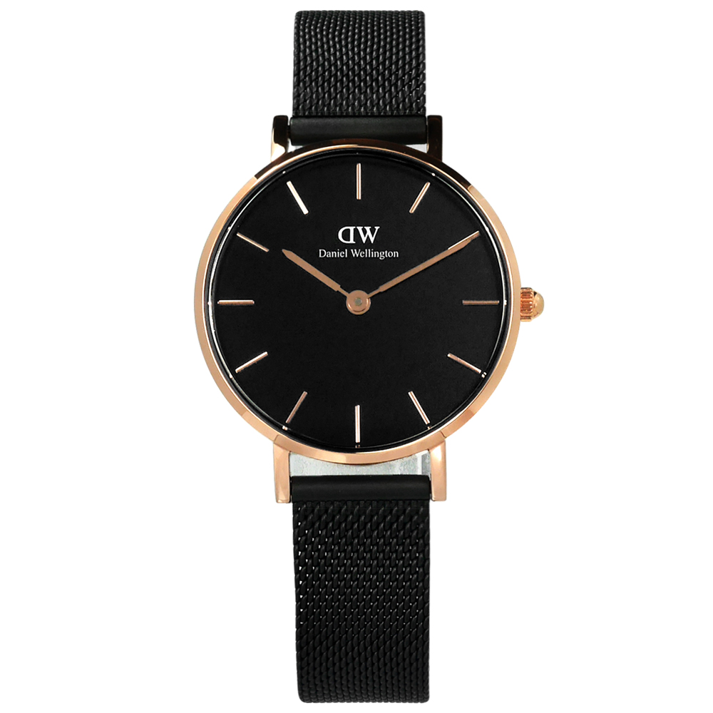 Daniel Wellington 經典小巧米蘭編織不鏽鋼手錶-玫瑰金x鍍黑/28mm