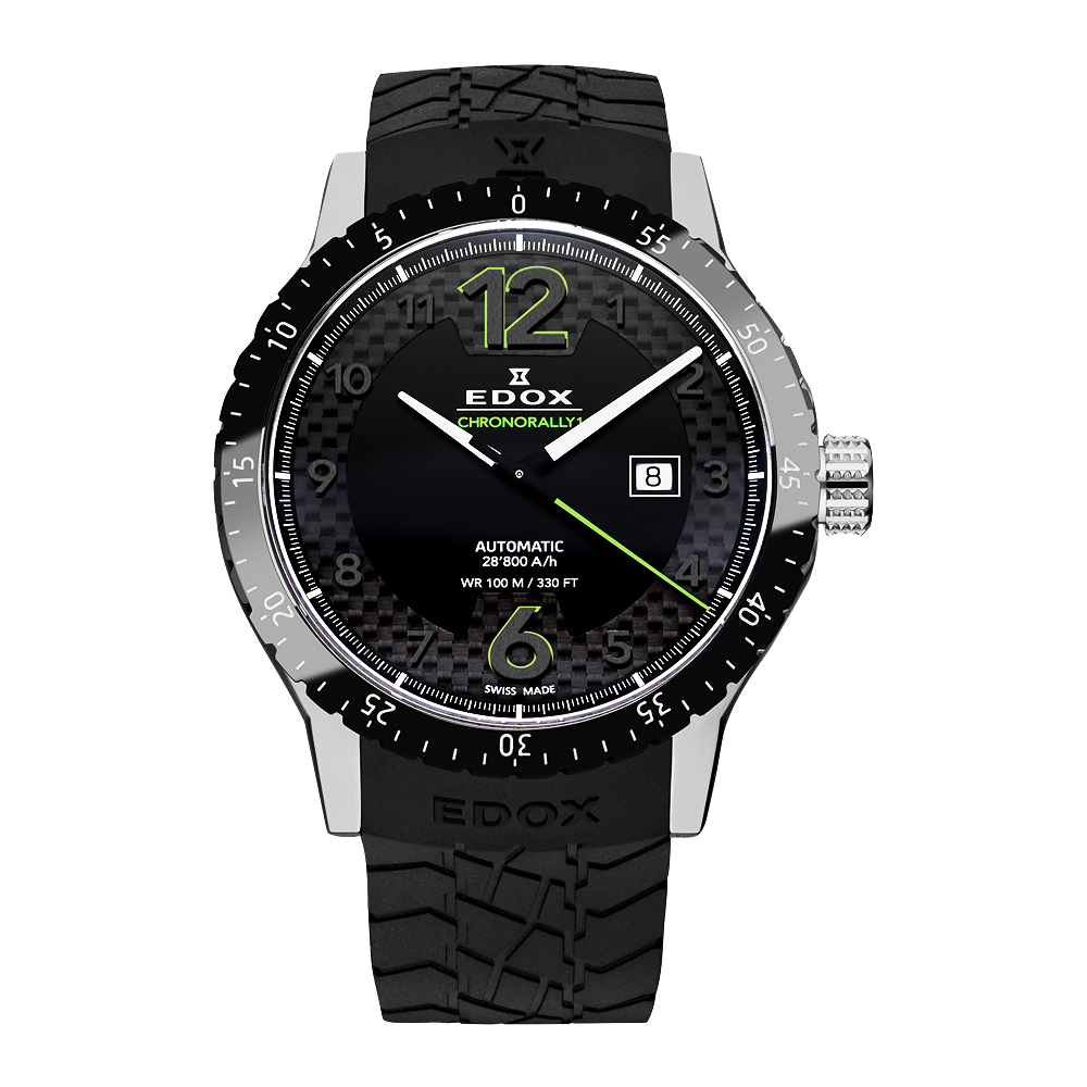 EDOX Chrororally 1 碳纖維大三針機械腕錶-黑x綠/45mm