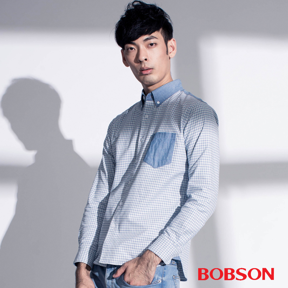 BOBSON 男款格子配牛仔襯衫