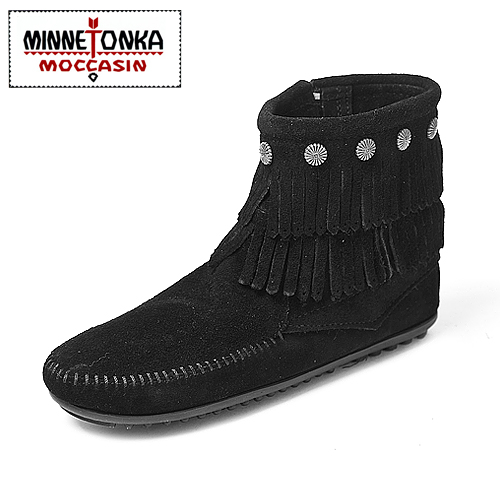 MINNETONKA-SIDE ZIP雙層麂皮流蘇踝靴-黑色