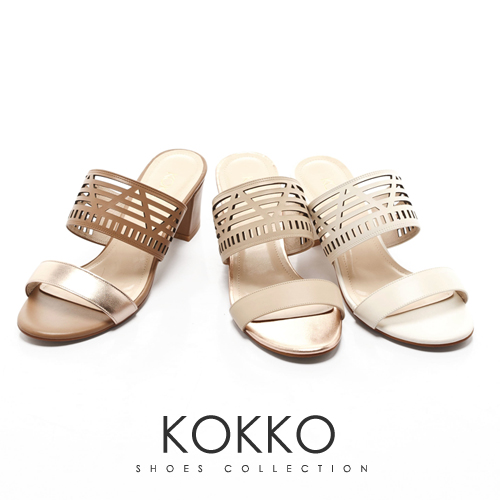 KOKKO-渡假風線條雷射幾何縷空高跟涼拖鞋-白色