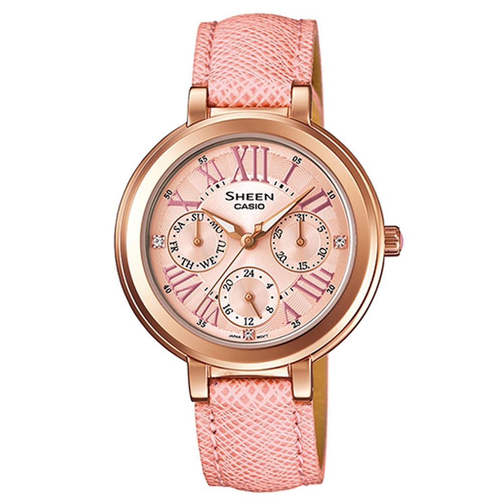 SHEEN 完美閃耀施華洛世奇皮帶腕錶(SHE-3034GL-4A)-粉紅X玫瑰金框/34mm