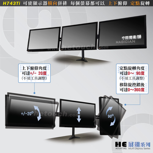 HE 15~24吋LED/LCD三螢幕穿桌型支架(H743Ti)