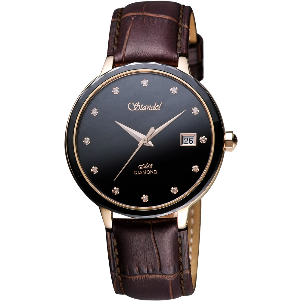 Standel 詩丹麗真鑽陶瓷框時尚腕錶-黑x咖啡錶帶/38mm