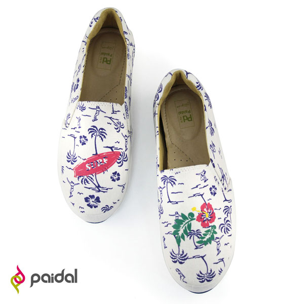 Paidal夏日衝浪印花平底休閒鞋樂福鞋懶人鞋-浪花白