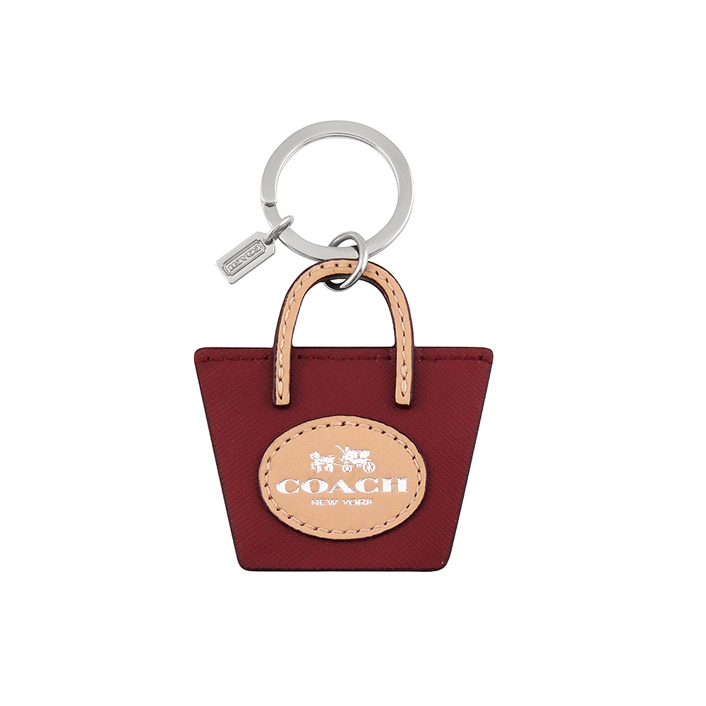 COACH 酒紅色皮革托特包造型鑰匙圈