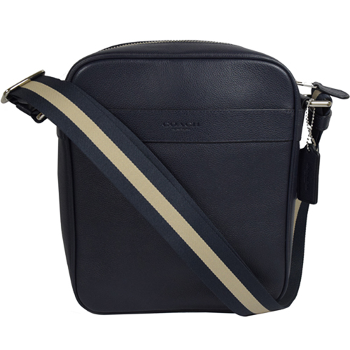 COACH 經典LOGO烙印牛皮雙色織帶斜背包.深藍