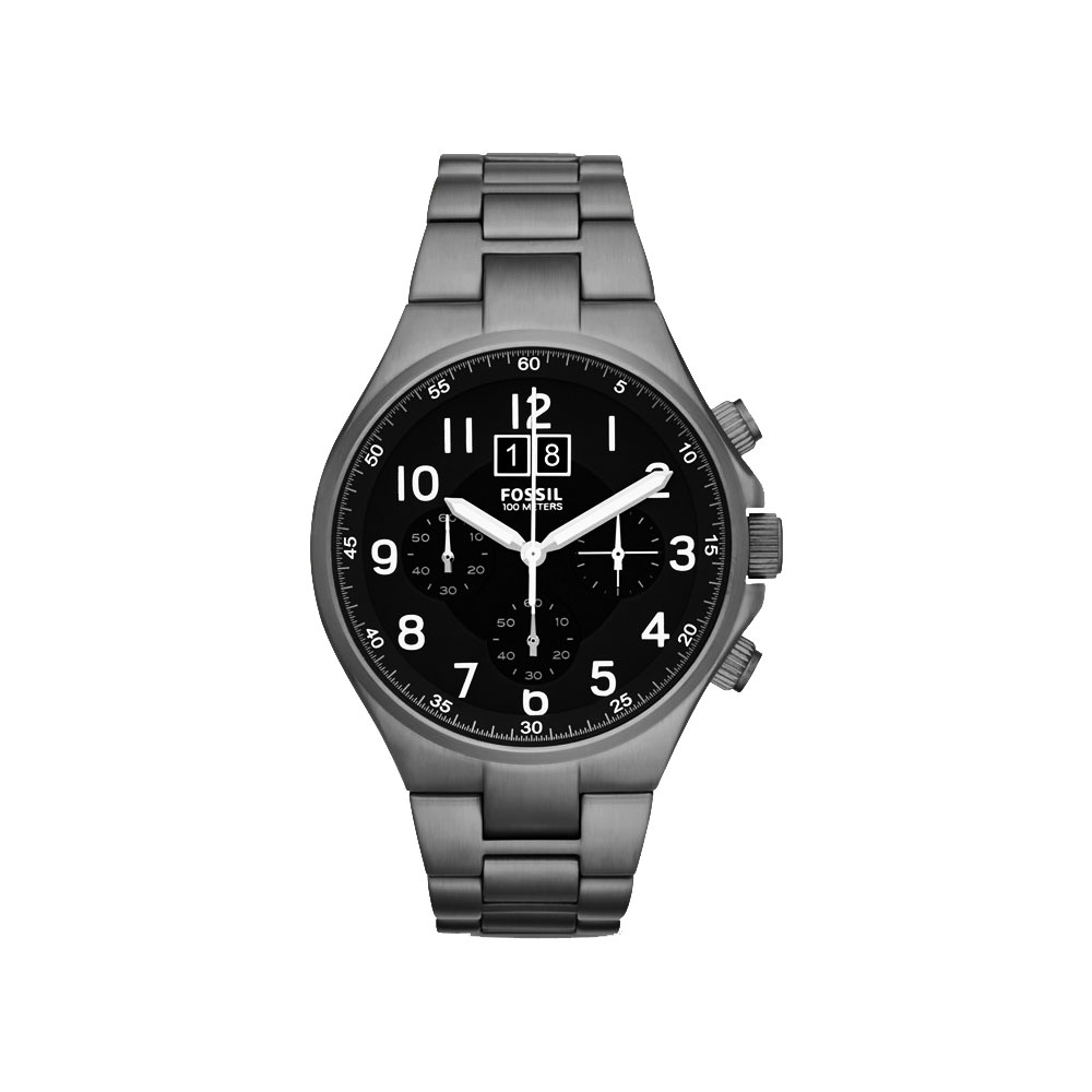 FOSSIL 大視窗旗艦復刻計時腕錶-黑x鐵灰/46mm