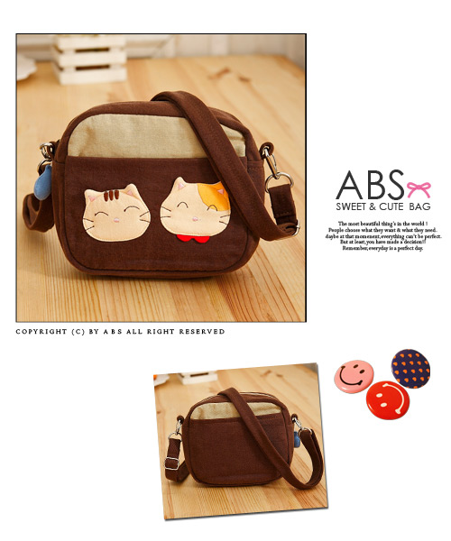 ABS貝斯貓 - SIMPLE STYLE微笑貓咪拼布 小型側背包88-181 - 咖啡