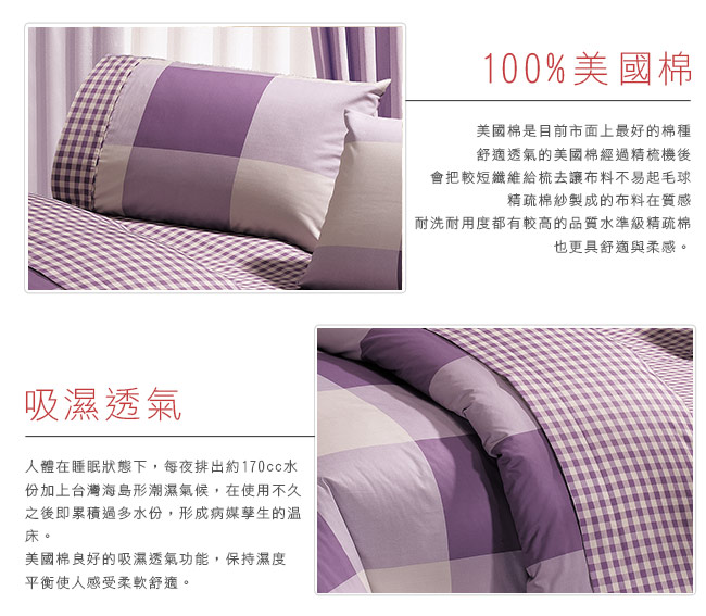 鴻宇HongYew 100%美國棉 防蹣抗菌-紳士格調 紫 薄被套床包組 雙人四件式