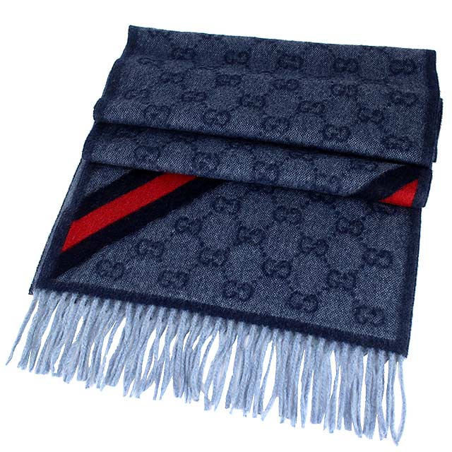GUCCI 深藍色 LOGO 條紋安哥拉/羊毛混紡圍巾