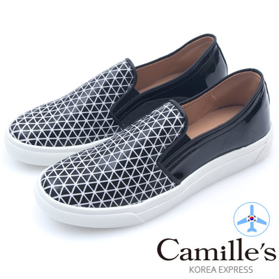 Camille’s 韓國空運-正韓製-燙印幾何圖形接漆皮厚底懶人鞋-黑色