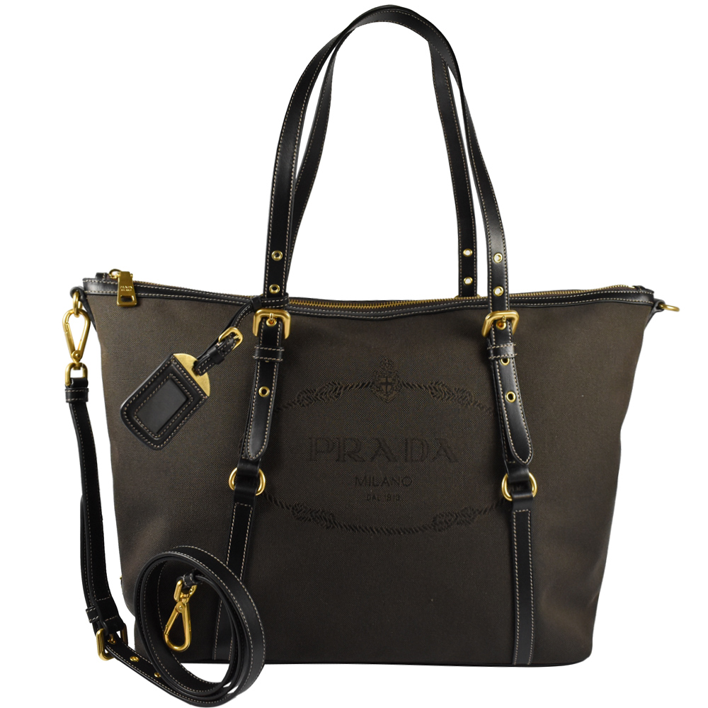 PRADA 復刻版大LOGO帆布兩用托特包(深咖)