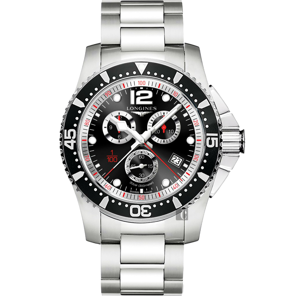 LONGINES 浪琴 官方授權 HydroConquest 1/100 計時腕錶-黑/47mm L3.843.4.56.6
