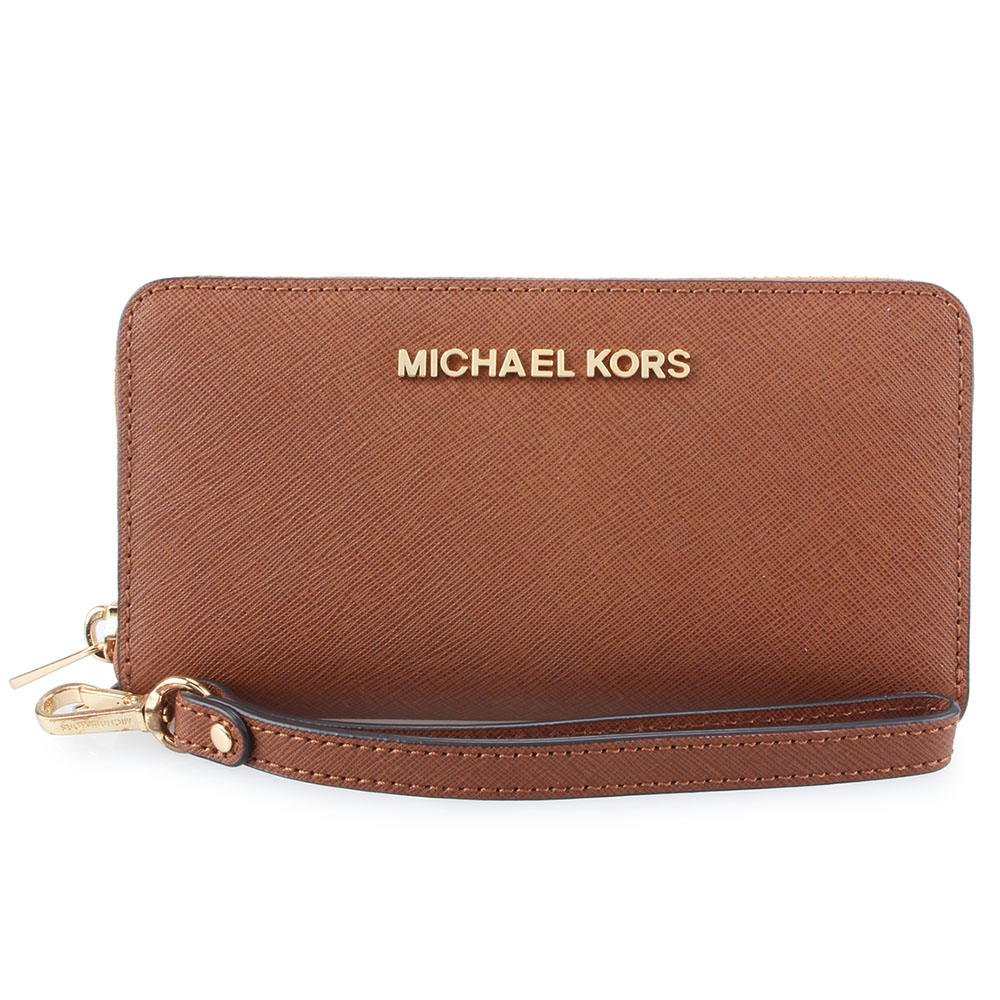 MICHAEL KORS 金色LOGO防刮皮革萬用皮夾手機包-焦糖咖