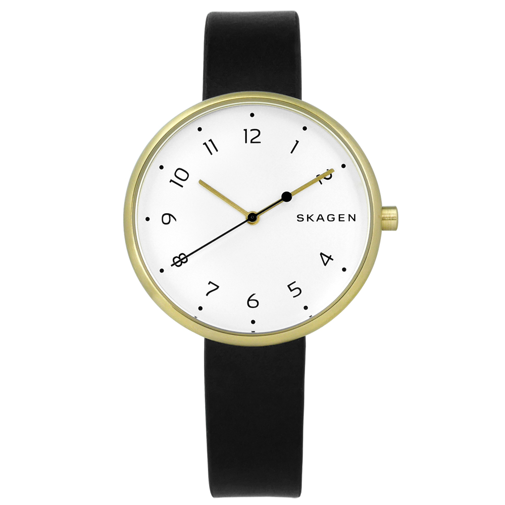 SKAGEN Signatur 純粹簡約設計真皮手錶 -白x金框x黑/36mm