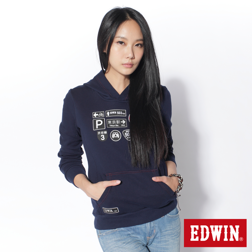EDWIN 方向空間 53路標連帽T恤-女款(黑藍)
