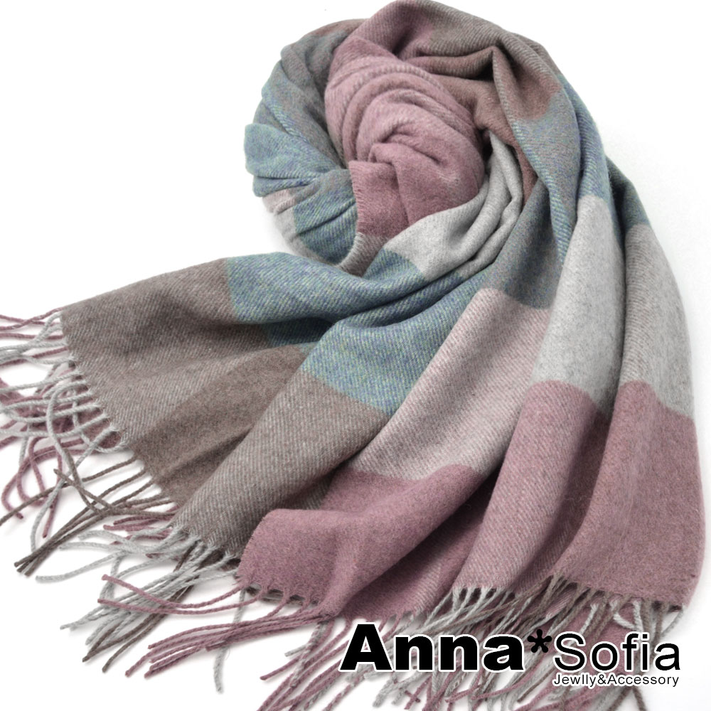AnnaSofia 綺麗色調 厚織混羊毛大披肩圍巾(藕粉綠系)