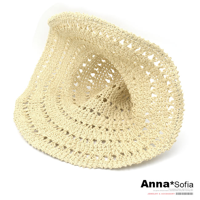 AnnaSofia 洞鏤花式編織 寬簷防曬遮陽草帽(米系)