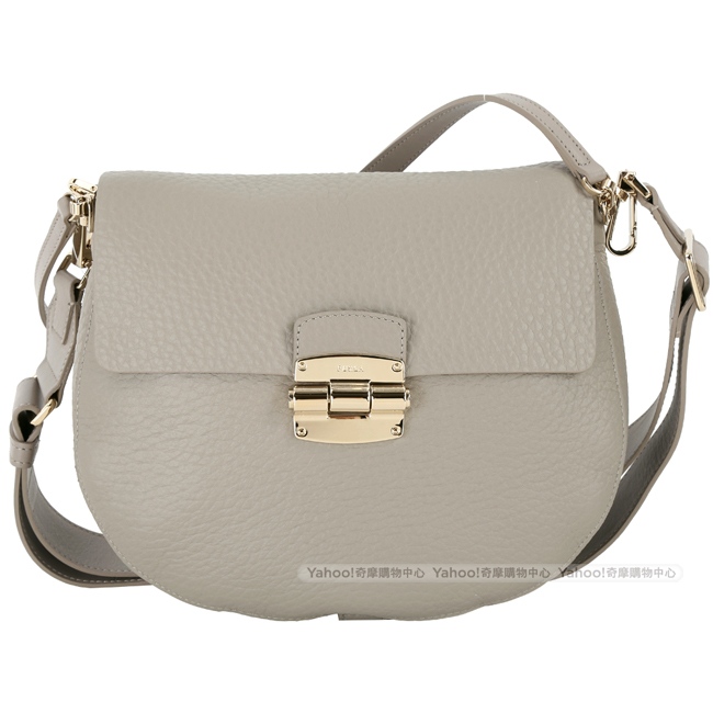 FURLA CLUB 卡其灰色金釦粒面牛皮兩用馬鞍包(展示品)