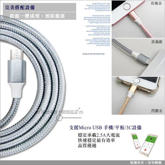 WELLY HTC/三星/索尼 Micro USB二代金屬系經典編織充電線(2M)