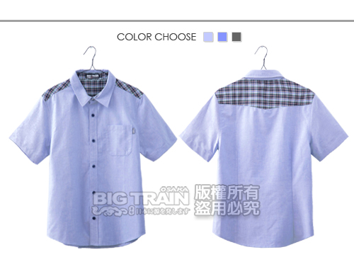 BIG TRAIN-肩裝飾格紋剪接短袖襯衫-白藍
