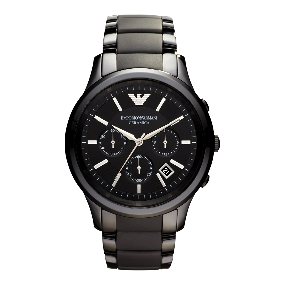ARMANI 經典時尚陶瓷計時腕錶-黑/43mm