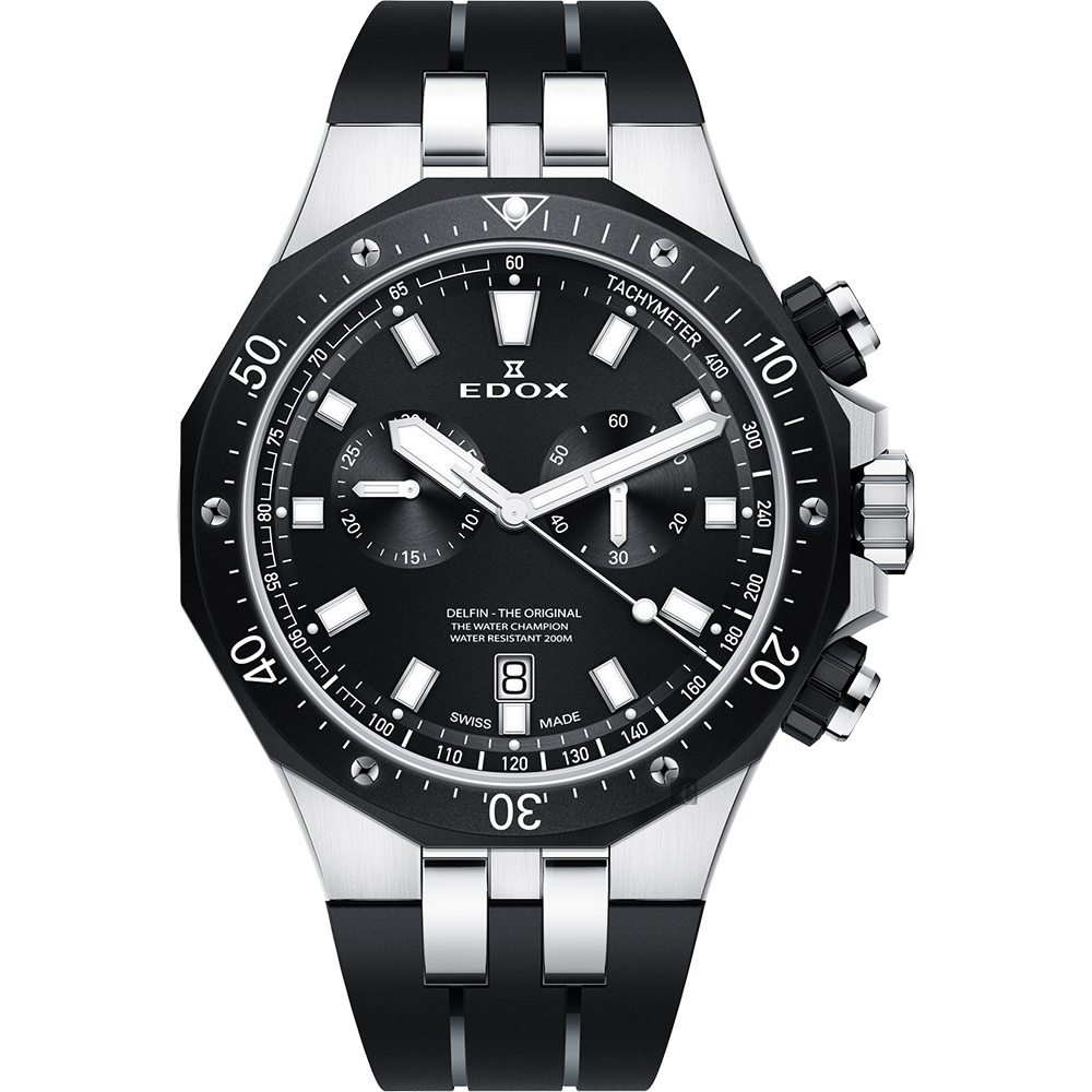 EDOX Delfin 水上冠軍專業200米防水計時碼錶-黑錶圈/43mm
