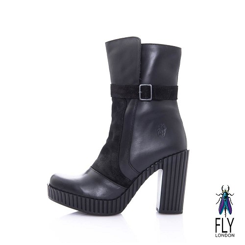 Fly London(女) 奧式優雅 雙料拼接牛皮高跟中筒靴-靚黑